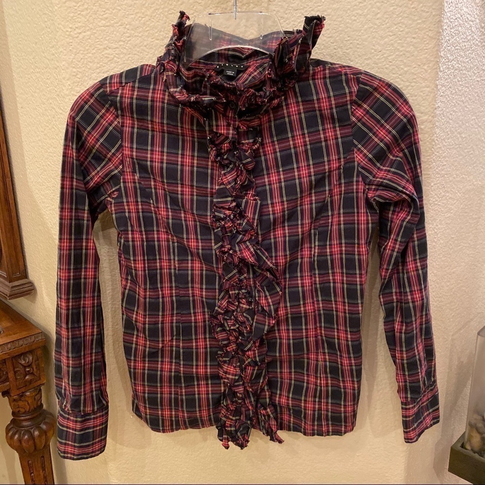 SISLEY Girls Kids Red Plaid Ruffle Buttoned Long Sleeve Shirt Size 8-9Y